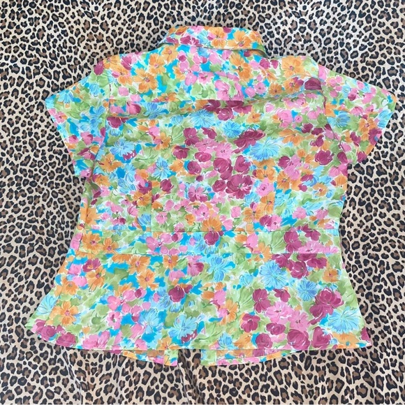 Vintage Sheer Floral Blouse Vibrant Print Artsy Short Sleeved Collared Button Do - Picture 2 of 7